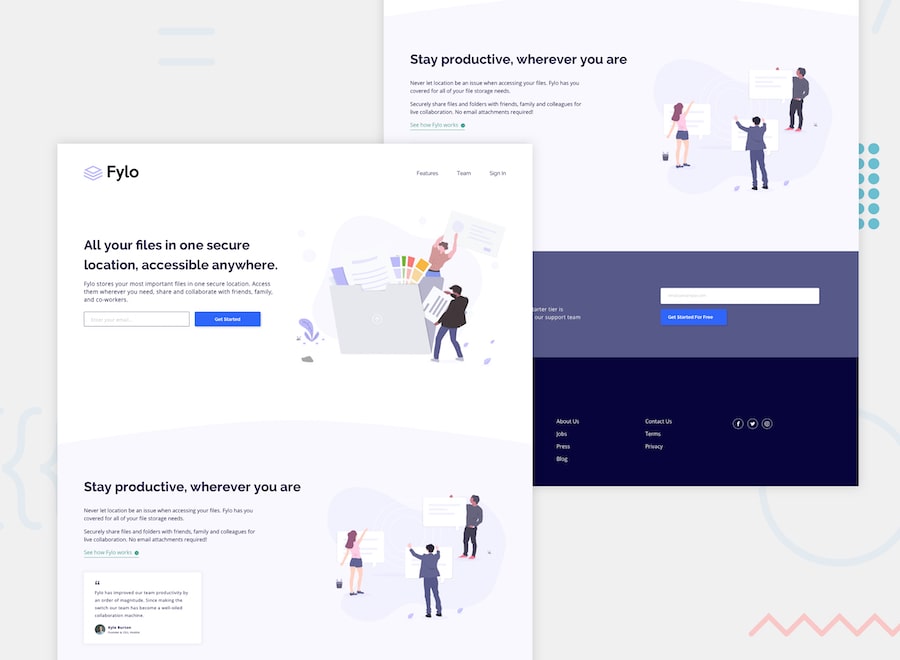 Fylo landing page with two column layout master